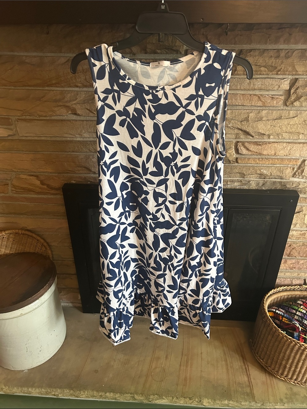 SHEIN Navy & White Leaf-Print Ruffle Hem Midi Dress